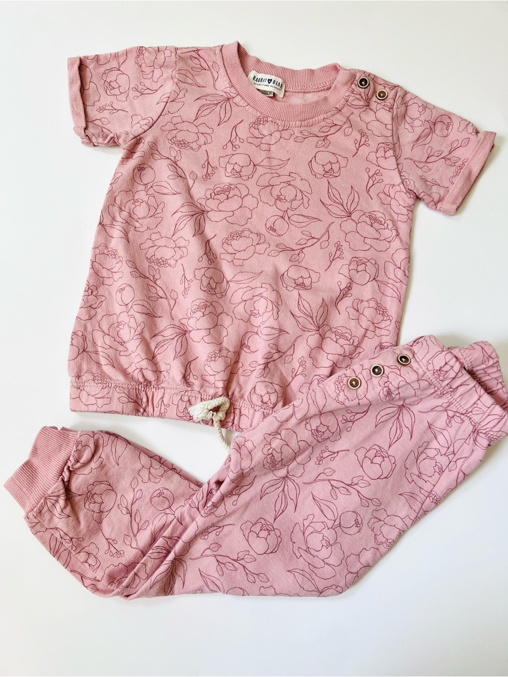Rabbit + Bear 100% Organic Cotton Pink Floral Short Sleeve Top & Pants Set 3T